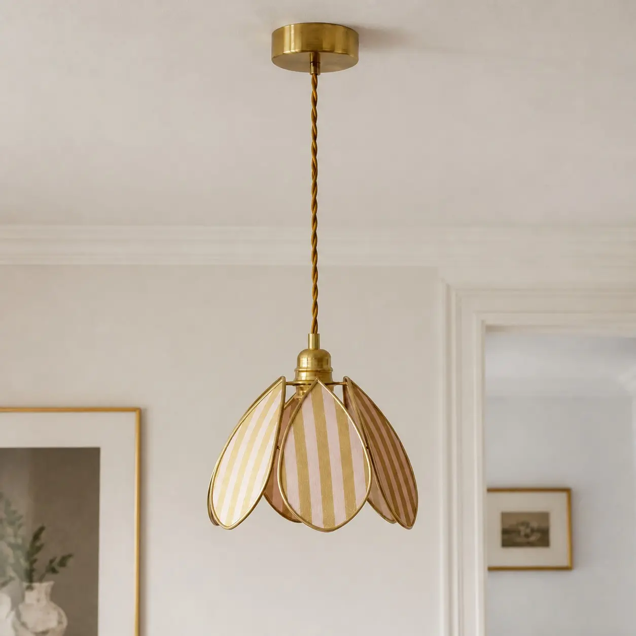 Yellow striped petal pendant in a refined interior