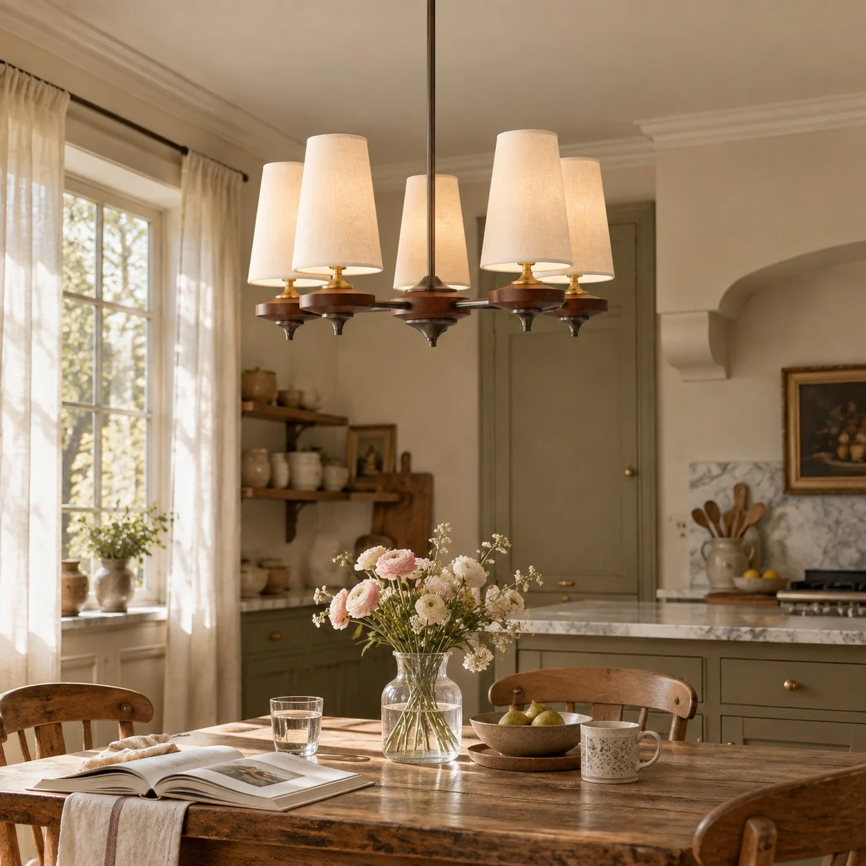 5-light Hour Rho chandelier in white velvet styled in a warm interior